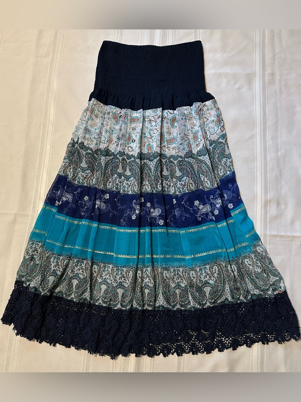TERIA YABAR Strapless Boho Midi Dress in Navy and Teal Paisley - Picture 7 of 14